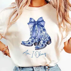 Cowgirl Coquette T-Shirt - Am I Okay? Blue Boots Design - Country Concert & Boho Style Tee ZFT
