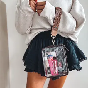 Darla Clear Wristlet Purse with Hand Tooled Leather Strap - Western Festival Concert Bag