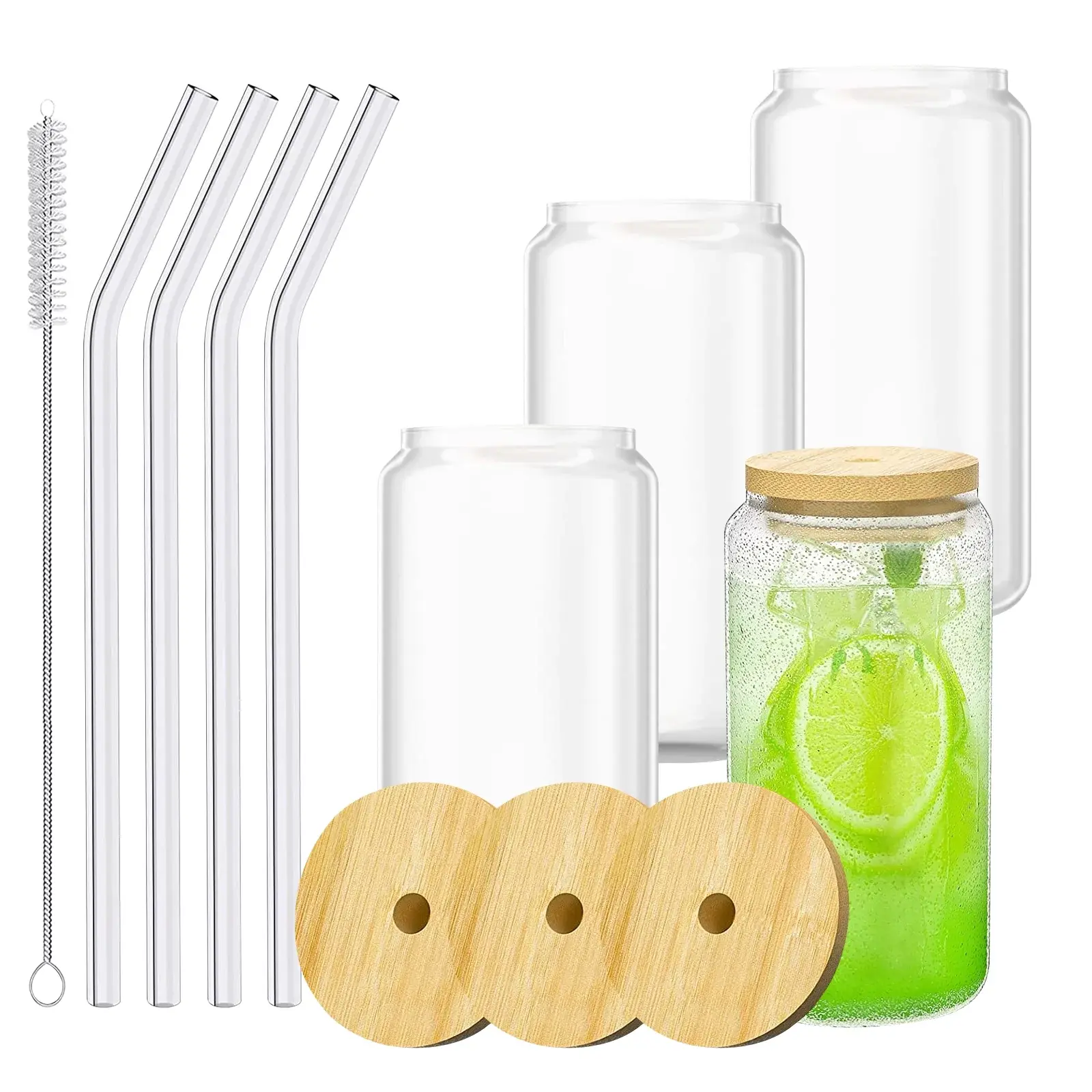 Tiokmc Bamboo Lid Glass Cups with Glass Straw, Beer Can Shaped Drinking Glasses, 16 Oz - Ideal for Whiskey, Soda, Tea, Water, Gift (4 Pack) TiokMc