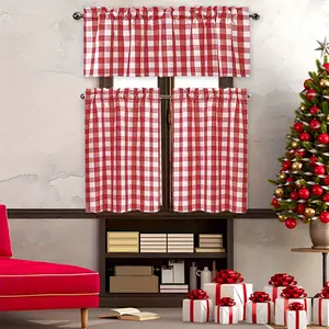 SoftHaven 3-Piece Plaid Semi-Sheer Short Curtain Set - Made in USA, Rod Pocket Top, Classic Rustic Cabin Style, Coffee Color, Festive Vibe, Polyester Fabric, Ideal for Kitchen & Laundry Room Partition Decoration, Semi-Sheer Look