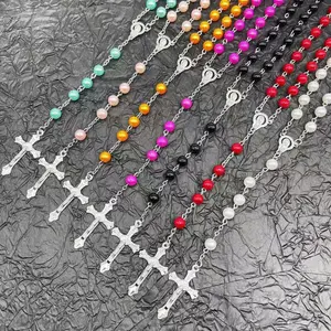 Multicolor Beaded Rosary Necklace Long Pearl Cross Pendant for Women Men Fashion Jewelry Gift