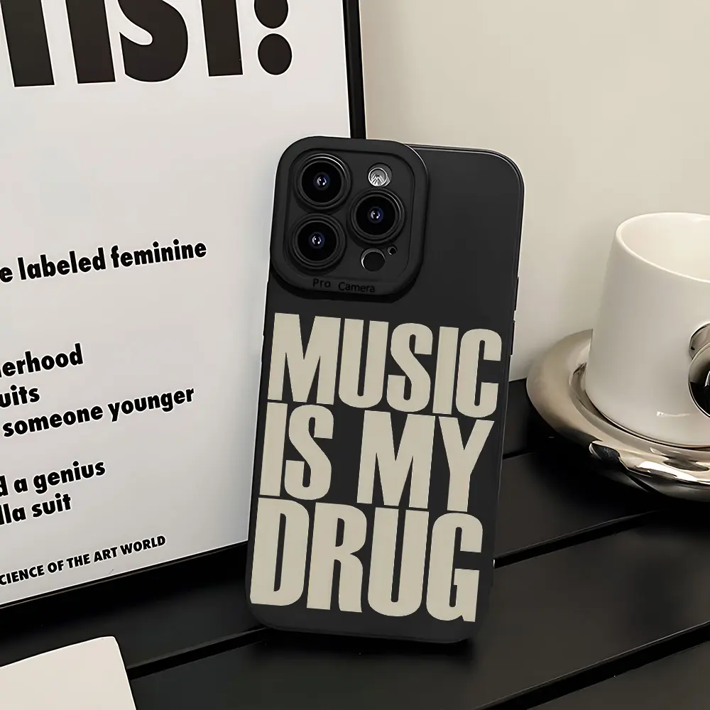 Music Is My Drug" Letter Pattern Phone Case, Hot-Selling Creative Text  Design, Black Angel Eye
