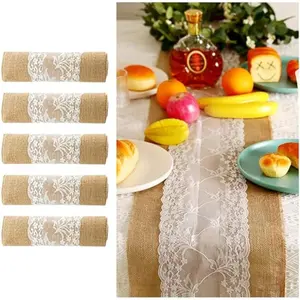 Burlap Table Runner 5 Packs, Burlap Lace Table Runner 108 Lnches Long, 100% Jute Burlap Runners, Rustic Home Decor for Wedding Reception, Thanksgiving, Christmas&Farmhouse Party
