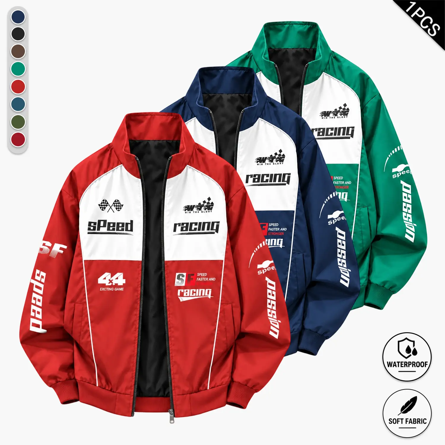 Men’s racing color-block stand collar jacket, men’s zip-up windproof street casual outerwear, men’s retro racing jacket with color-contrast print