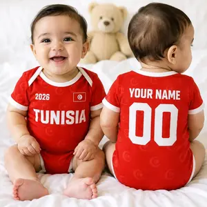 Personalized Tunisia Baby Bodysuit, Custom Name Number Infant Soccer Outfit, Tunisia Baby Jersey