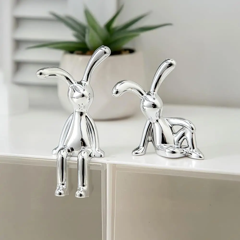 2PCS Modern Polished Metal-Look Electroplated Plastic Bunny Figurines - Minimalist Cute Collectibles, Lightweight Safe Durable Home Decor Statues, Living Room Accessories Modern Art Desk Ornaments