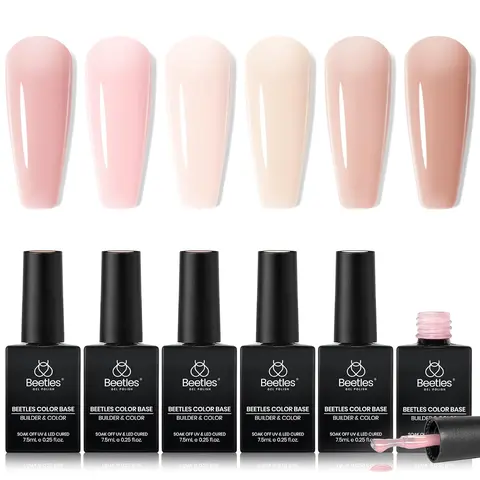Beetles 2025 New Year Color Gel and Base Gel Nail Polish Set - 6 Nude, Pink, Peach Pink, Neutral Sheer Shades, Protein + B-Vitamin Nail Care, Soak-Off for French Tip, DIY Home Manicure, Fashion Adults' Gift