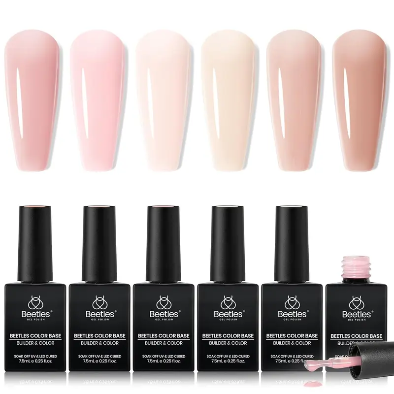 Beetles 2025 New Year Color Gel and Base Gel Nail Polish Set - 6 Nude, Pink, Peach Pink, Neutral Sheer Shades, Protein + B-Vitamin Nail Care, Soak-Off for French Tip, DIY Home Manicure, Fashion Adults' Gift