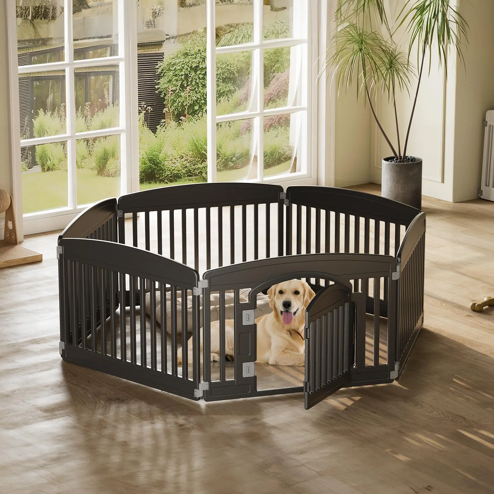 Plastic Dog Playpen - 6-Panel, 24in Expandable Durable Pet Enclosure for Medium Dogs (44lb Capacity), Folding Portable, Lock Resists Pawing, Suction-Cup Hold, Indoor Outdoor Use