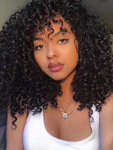 14 Inch Black Short Curly Wigs for Women, Natural Looking Gorgeous Fashion Fluffy Wigs with Bangs, Synthetic Full Machine Wigs for Party Photography, Daily Use, Kinky Curly Wig