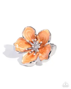 Building Bloom - Orange Flower Silver Ring - Paparazzi