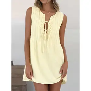 Women's Plain Tie Front Dress, Casual Sleeveless Linen Dress for Summer, Ladies Clothes for Daily Wear, Minimalist Dresses for Women Womenswear Apricot satin dresses tummy sundress birthday dress white dress