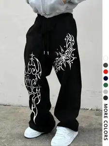 Men's Casual Sporty Long Pants, Star & Thorn Pattern Print, Drawstring Wide Leg, All Season Loose Fit, Men's Fashion Jogger Pants