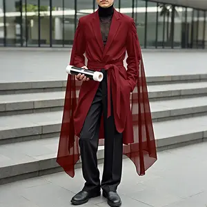 INCERUN Men's A/W Dramatic Cape Trench Coat: Regal Longline Silhouette with Sheer Chiffon Sleeves and Waist Tie for International Fashion Runways, Red Carpet Events & Exclusive Couture Formal Dinners.