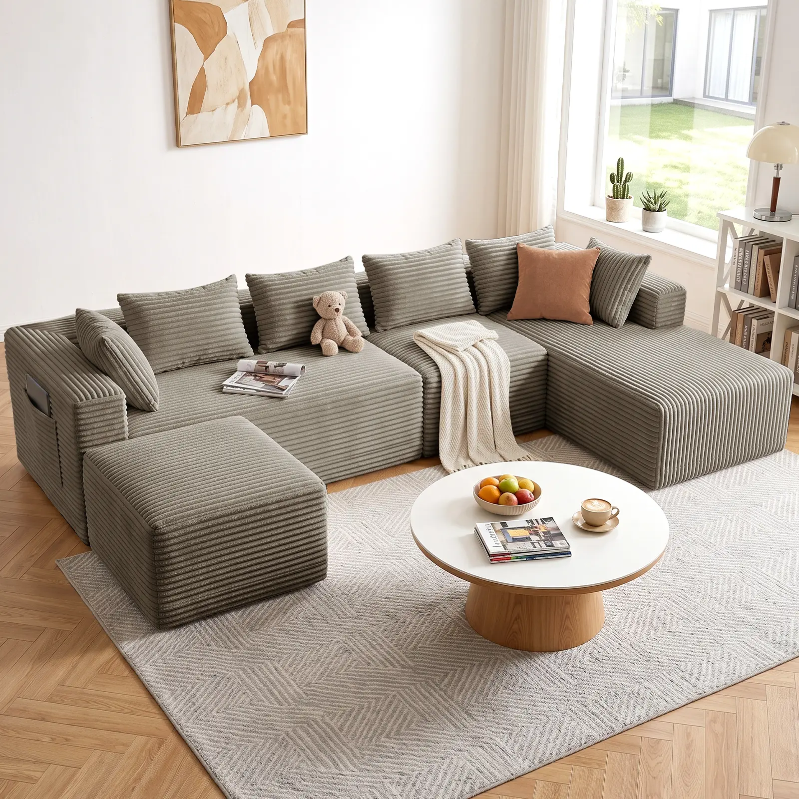 ELHRSWW Modular U/L-Shape Corduroy Cloud Sofa, Boneless Frameless Design, Sink-In Plush High-Density Foam, Multi-Configurable Chaise & Ottomans, Ergonomic Deep Seating, Extra-Wide Armrests, Vacuum-Packed No-Assembly Modern Living Room Furniture