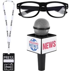 News Reporter Costume Accessories Set News Microphone Prop News Reporter Microphone Prop Press Pass Microphone Prop Costume Glasses for Career Day Party Black