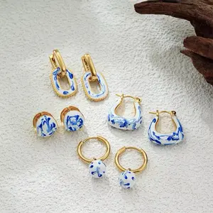 Gold Blue White Porcelain Drop Earrings Oil Enamel Ceramic Jewelry