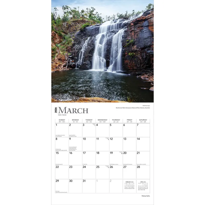 Waterfalls | 2026 12 x 24 Inch (Hanging) Monthly Square Wall Calendar | Plastic-Free | BrownTrout | Nature Rivers Lakes 2