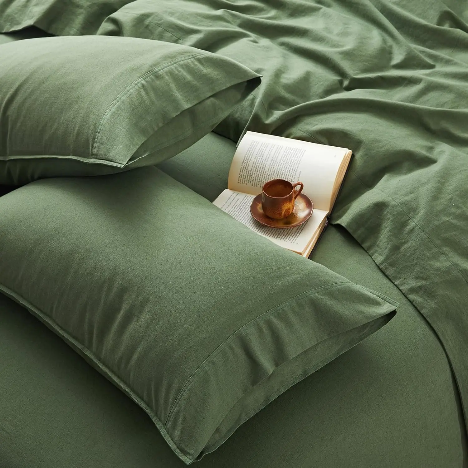 4 count  Linen Sheets Full Size,   Linen from Normandy, Breathable Forest Green Bed Sheets Full Sheet Set with 16 Inch Deep Pocket, 1 Flat Sheet, 1 Fitted Sheet, 2 Pillowcases