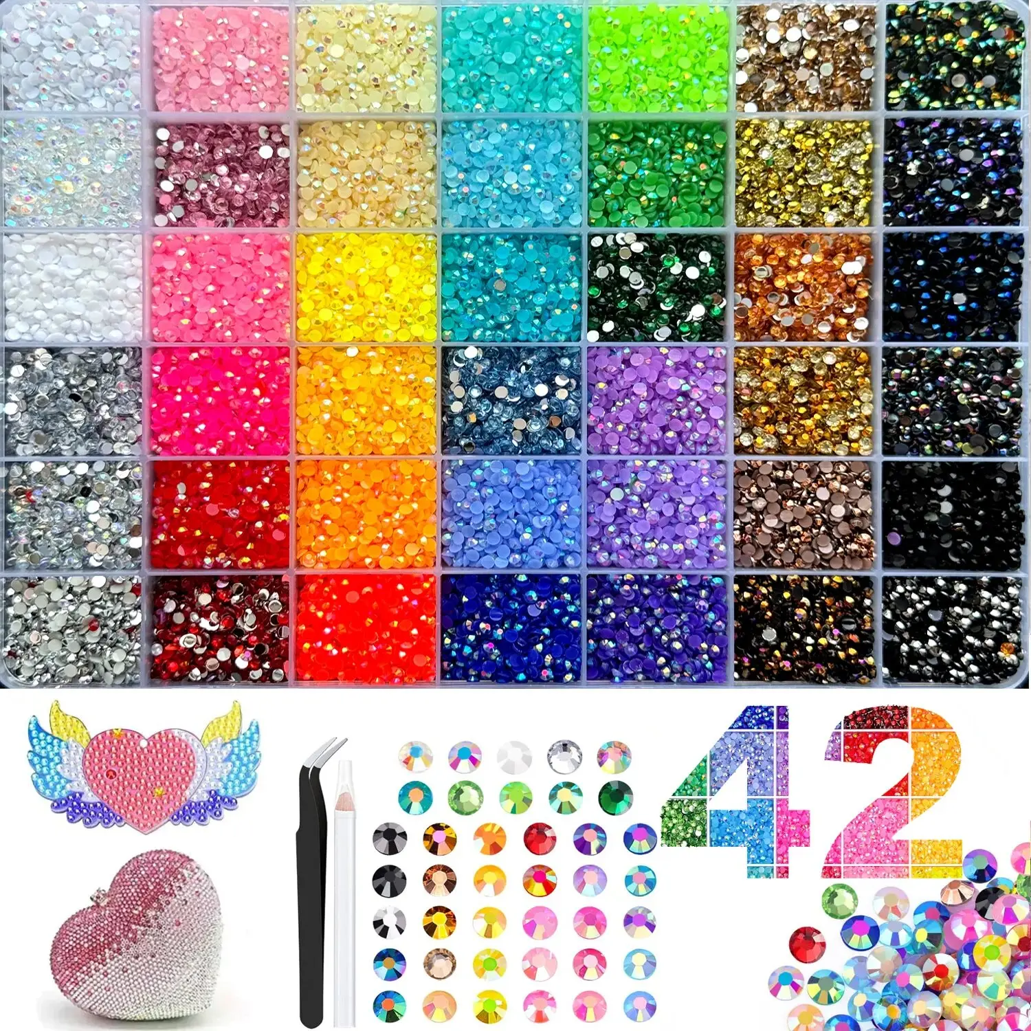 backtoschool 32000PCS Resin Rhinestones & Tweezers Pick up Pen and Gifted Tools for DIY Crafts Apparel Nail Art Supplies 28 Grids Mixed Colors 3mm Bling-out Resin Rhinestones