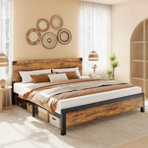 King Brown Bed Frame with Wooden Headboard Platform Bed Frame with UnderBed Storage and Metal Legs Noise Free No Box Spring Required and Easy Assembly