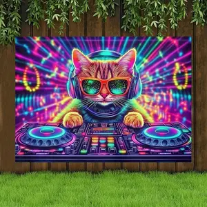 2D Flat Banner Background Cloth Party DJ Cat Backdrop - 1 Piece Wall Decoration, Fantasy Color Pattern. No Power Needed for Bedroom, Living Room & Parties Halloween Christmas Valentine's Day Celebrations Ornaments