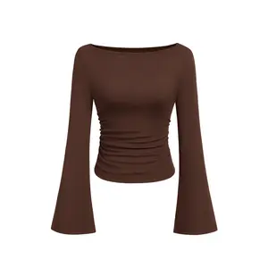 PrettyGarden Women's Long Sleeve Shirts 2025 Fall Crop Going Out Tops Casual Boat Neck Bell Sleeve Ribbed Ruched Y2K Clothes