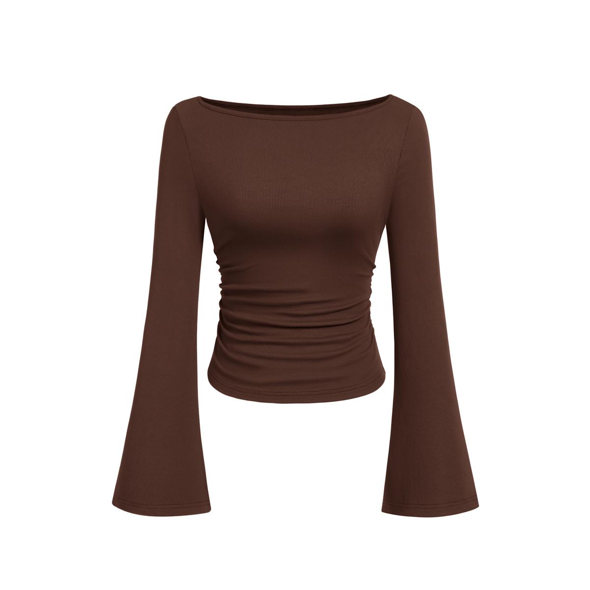 PrettyGarden Women's Long Sleeve Shirts Fall Crop Going Out Tops Casual Boat Neck Bell Sleeve Ribbed Ruched Y2K Clothes