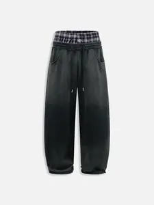 Aelfric Eden Double Waist Washed Baggy Sweatpants Loose Wide Leg Plaid Patchwork Casual Pants with Pockets   Unisex Vintage Streetwear Joggers,summerwins