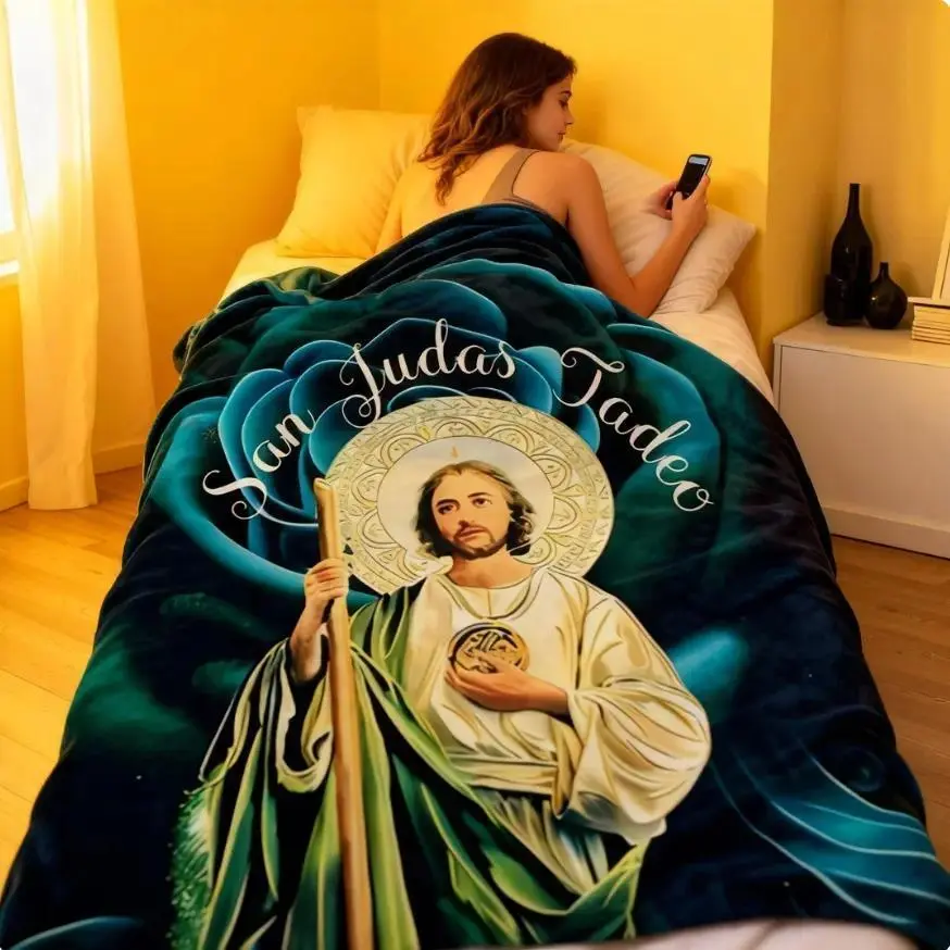 Blessed San Judas Tadeo Art Flannel Throw Blanket, Countdown Sale, Soft Cozy Warm, for Bed & Couch, Faith-Inspired Sacred Design, Ideal Catholic Gift, Christmas & Room Decor