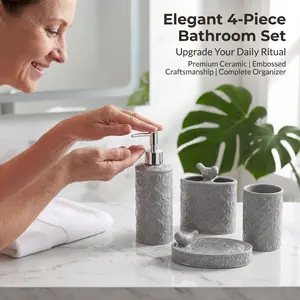 Bathroom decor set,Modern 4-Piece Ceramic Bathroom Set with Embossed Starburst Pattern - Includes Soap Dispenser, Toothbrush Holder, Tumbler, & Soap Dish - Slate Grey & Stone White