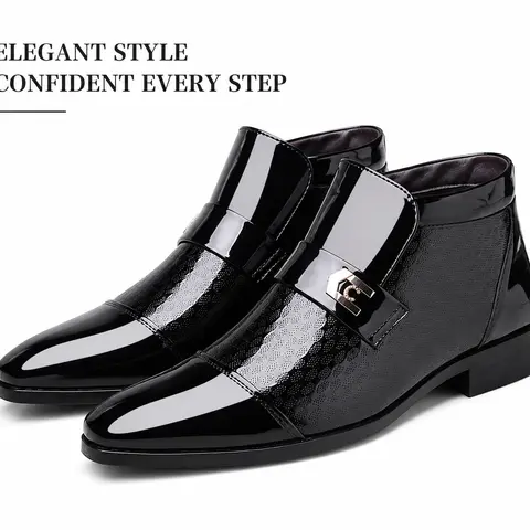 Men's Glossy Slip-On Dress Ankle Boots - Trendy Pointed Toe, Decorative Strap, Lightweight, Decor Accents - Business Formal Shoes, Faux Leather Footwear (Black, Burgundy)