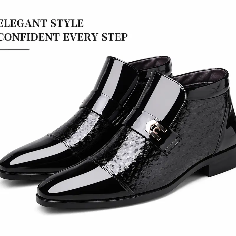 Men's Glossy Slip-On Dress Ankle Boots - Trendy Pointed Toe, Decorative Strap, Lightweight, Decor Accents - Business Formal Shoes, Faux Leather Footwear (Black, Burgundy)