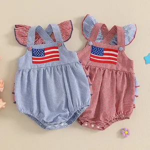Afunbaby Infant Baby Girl 4th of July Overalls Romper Outfits Sleeveless Plaid Embroidery Flag Onesie Ruffles Bodysuit Independence Day Clothing
