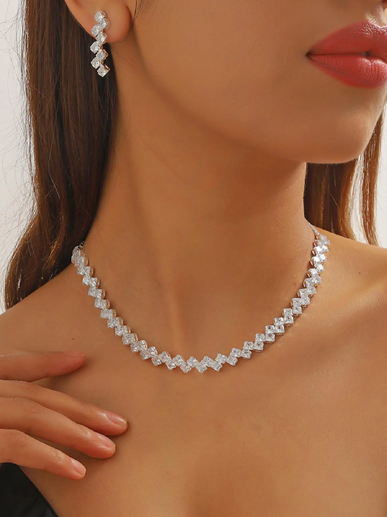 Women's Elegant Artificial Zircon Decorated Necklace &  Earrings, Exquisite Trendy Jewelry Set, Fashionable Accessories for Party & Daily Clothing Decor, Matching Jewelry Set