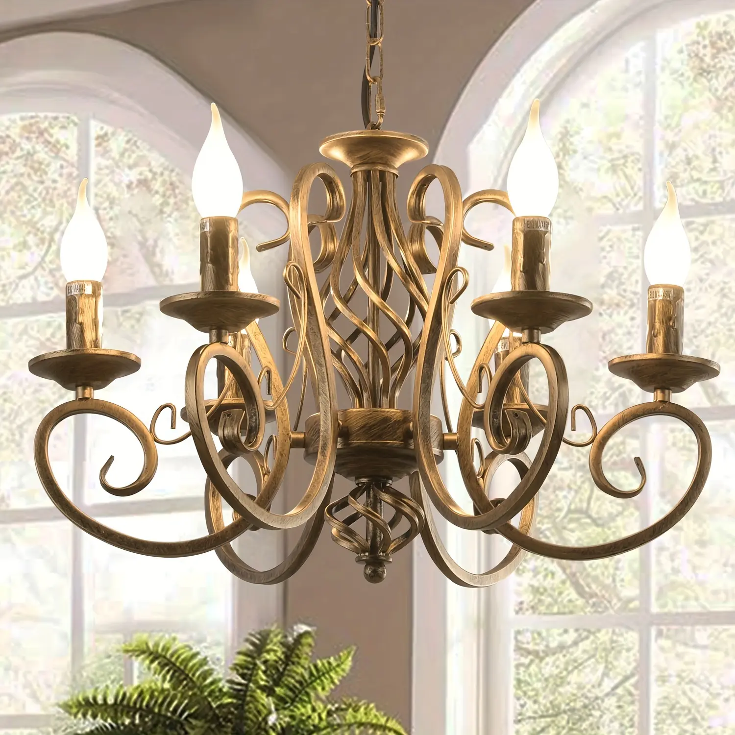6-Light French Country Wrought Iron Chandelier, Indoor Home Ceiling Lighting, Ambient Decor Lamp for Kitchen, Dining Room Suspension Lighting, Ambient Decor Lighting, Decoration Lamp