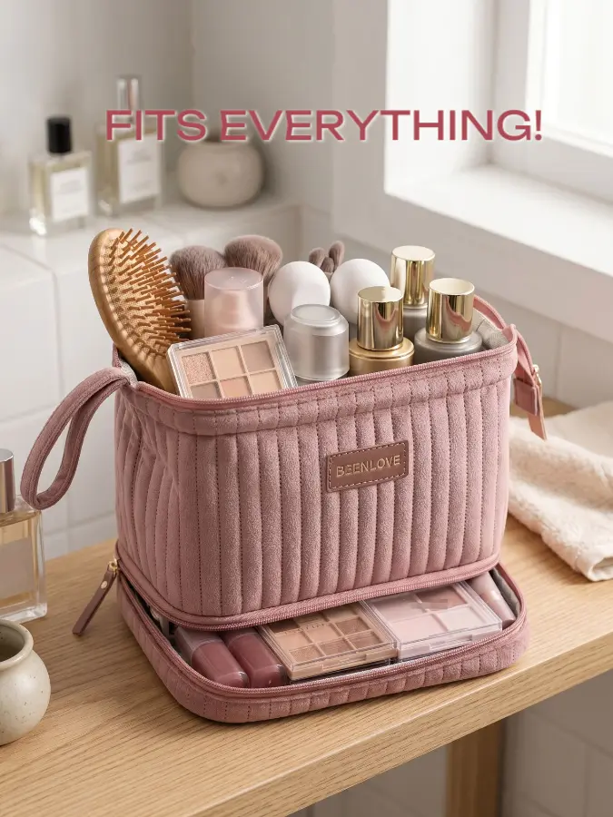 Velvet Chevron Print Makeup Pouch - Large Capacity 2-Tier Travel Makeup Organizer with Brush Compartment, Moisture-Resist Liner, Aesthetic Wedding Vanity Bag, Portable Functional Beauty Organizer