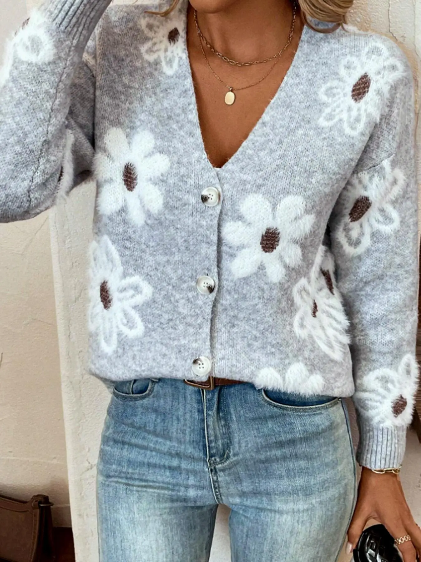 Floral Print Button Front Cardigan, Casual Drop Shoulder V Neck Knit Sweater, Fall Winter Women's Everyday Daily Wear, Loose-Fitting Comfortable Style Knitwear