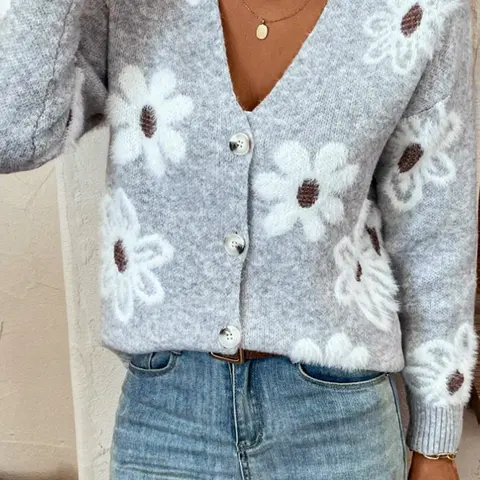 Floral Print Button Front Knitted Cardigan, Casual Drop Shoulder V-Neck Knit Sweater, Fall & Winter Women's Daily Wear, Loose-Fitting Comfortable Style