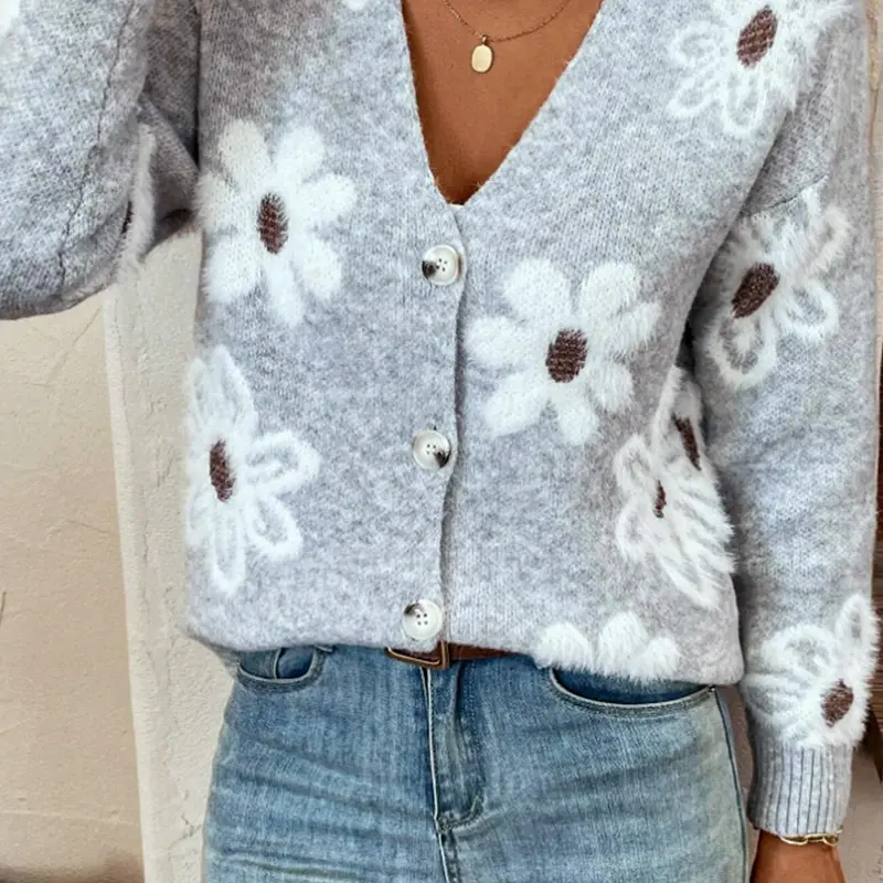 Floral Print Button Front Knitted Cardigan, Casual Drop Shoulder V-Neck Knit Sweater, Fall & Winter Women's Daily Wear, Loose-Fitting Comfortable Style