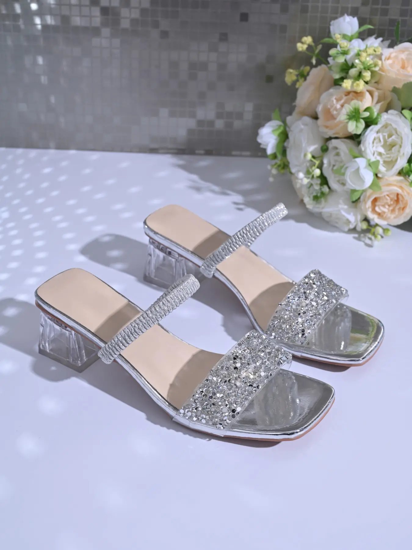 Champagne Color Rhinestone Sandals for Women, New Transparent Thick Heel Square Toe Open-Toe Shoes, Elegant Fairy Style Summer Footwear