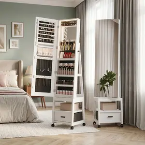 360° Swivel Jewelry Cabinet Armoire with Full Length Mirror & LED Lights, Lockable Large Capacity Organizer with Makeup Mirror & Storage, Ideal Bedroom Gift, White
