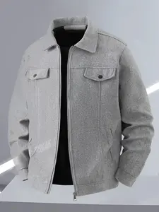 Men's woolen casual jacket, Casual Fitted Jackets, zipper closure, lapel design, solid color, wear-resistant fabric, suitable for daily life, work travel, outdoor leisure, spring/autumn/winter Workwear Jackets
