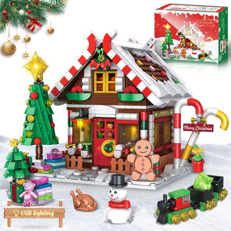 TOKMOC 2026 Christmas Gingerbread House Building Block Set (66057) - 1288 ABS Plastic Pieces, Pink & Green Village Architecture with Lighting, Holiday Snowman, Tree & Train, Decorating Gift for Ages 12+