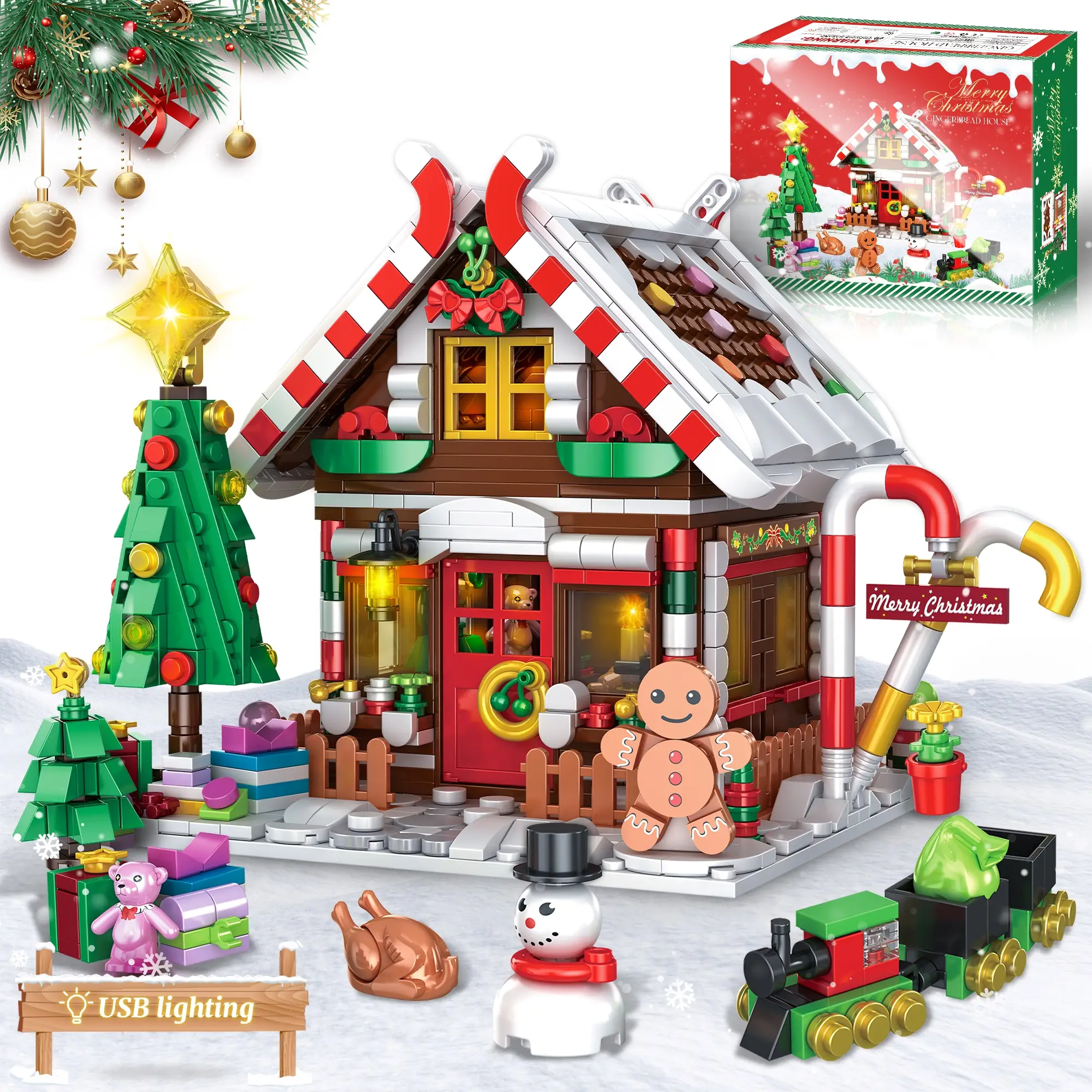 Christmas 2025 TOKMOC Gingerbread House Building Block Set,Pink,Green,Village House Blocks Architecture Set with Christmas Tree and Train,Christmas Gi
