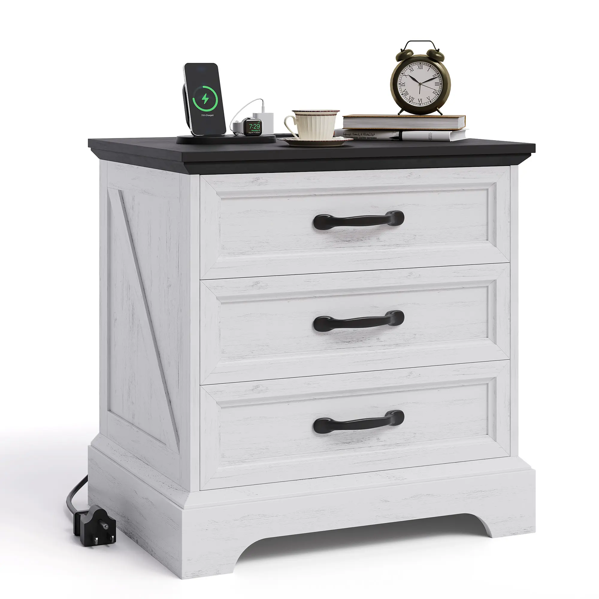 Set of 2 Farmhouse Nightstands with Charging Station - White Bedside Tables with 3 Large Drawers, USB Ports & Outlets - Modern Bedroom or Living Room End Tables with Storage