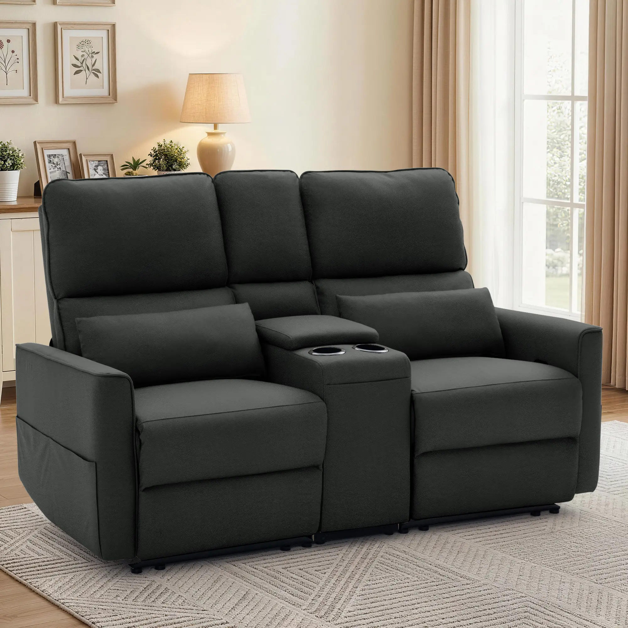 Korser 2-Seater Recliner Sofa with Pillow Double Recliner Loveseat with Storage Console Side Pockets Cup Holders Manual Recliner Sofa for Living Room Sofa With Chaise Upholstered Couch Corduroy Sectional Sofa Faux Leather Sofa