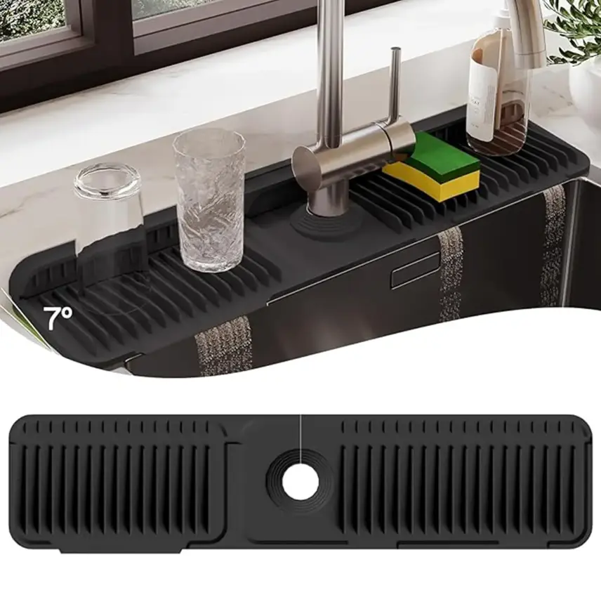 24in Wide Cover Silicone Kitchen Sink Faucet Mat, 5° Slope Fast Self-Draining Splash Guard, Toothbrush Shelf for Sink Area Tidying, Durable For Daily Use
