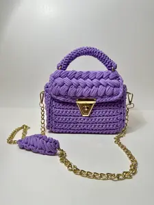 Handmade Purple Woven Crochet Bag for Women's Unique Designer Bag with Gold Chain shoulder Strap and Turn Lock