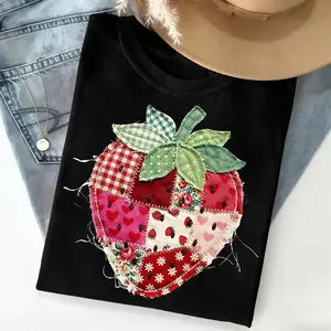 【100% cotton】 PRINTED Strawberry T-Shirt, Patchwork Quilted Farmhouse Berry Tee, Rustic Gingham Floral Cottagecore Aesthetic, Vintage Tee - TrendWear USA